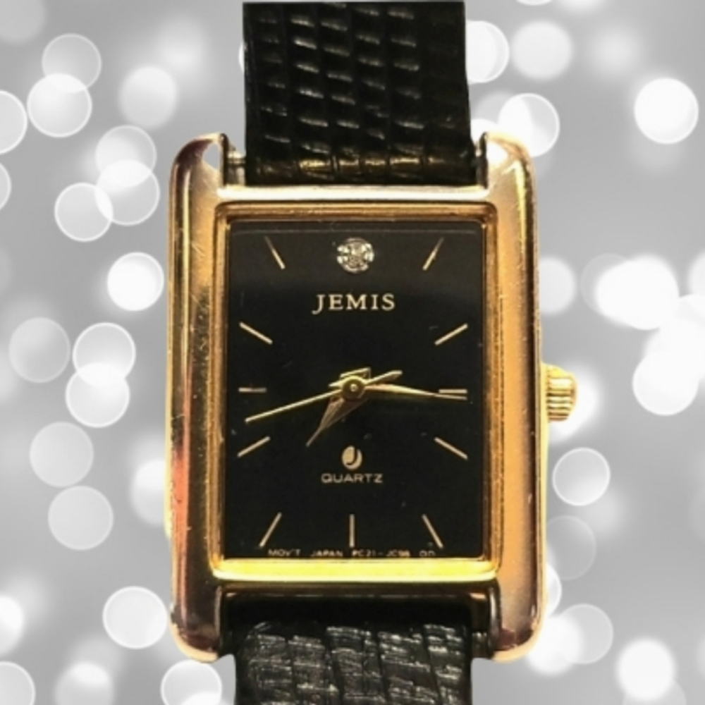 JERMIS Watch Elegant Black With Genuine Diamond 7 1/2" Vintage Analog